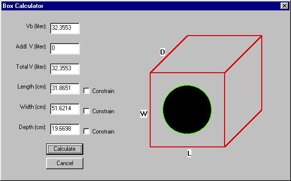 subwoofer box calculator example. Doing some conversions, the dimensions of 